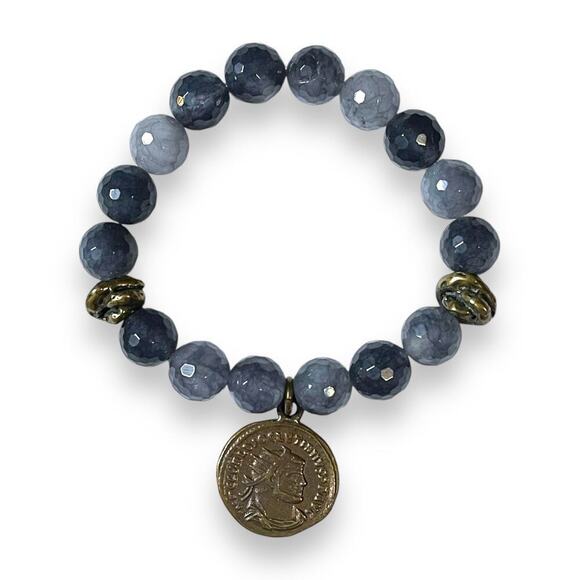 Gemstone Stretch Bracelet Womens Faux Coin Blue Slate Boho Hippie Artsy - Picture 3 of 10